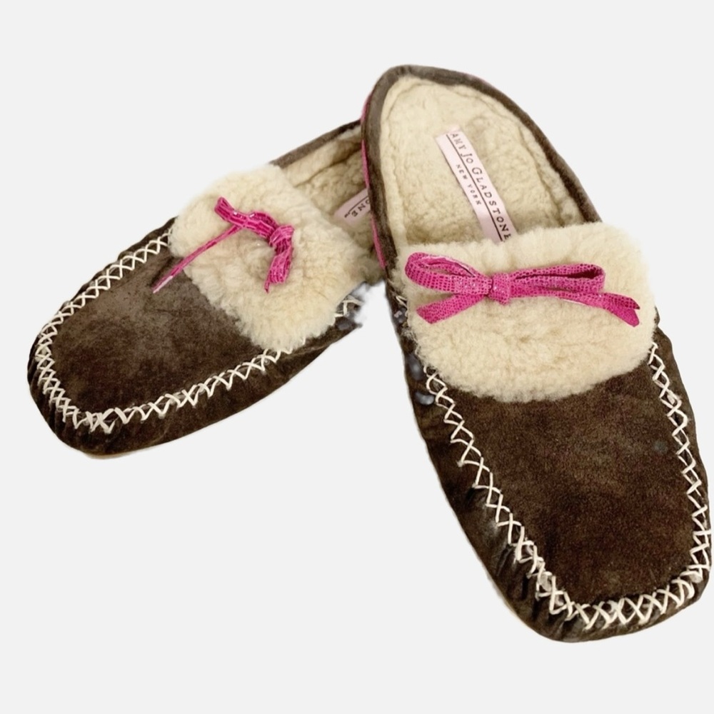 Amy Jo Gladstone Leather Suede Shearling Lined and Trimmed Slip On Mule Slippers
